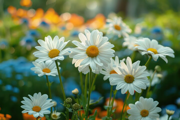 Glade of daisies on the bank of a mountain river