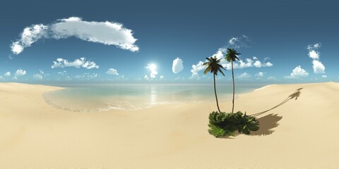 Tropical beach with palm trees at sunset. HDRI . equidistant projection. Spherical panorama. panorama 360. environment map, landscape, 3d rendering - 791024430