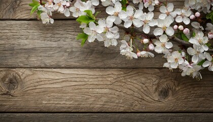 Cherry blossom branch at top edge on wood background - obrazy, fototapety, plakaty