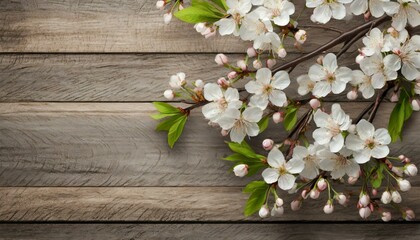 Cherry blossom branch at top edge on wood background