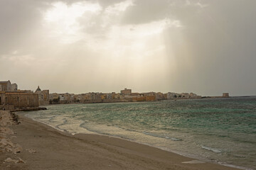 mediterranean sea waterfront and old town in Trapani in Sicily - obrazy, fototapety, plakaty