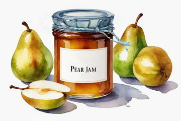 Pears jam or marmalade and fresh pears in watercolor style.