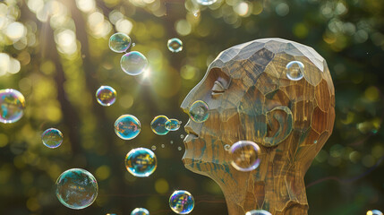 Wooden Dreamer: Soap Bubbles Ascend. Generative AI