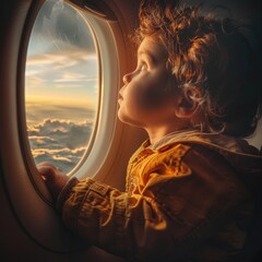 Happy Kid Looks at Airplane Window, Young Child in Aircraft, Air Flight, Family Travel by Plane