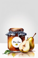 Pears jam or marmalade and fresh pears in watercolor style. - 791025081