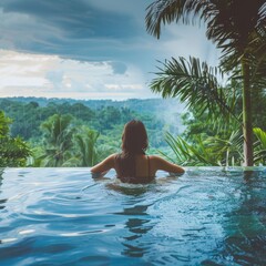 Happy Woman in Infinity Pool, Enjoying Warm Tropical Rain, Swimming Pool with a Jungle View