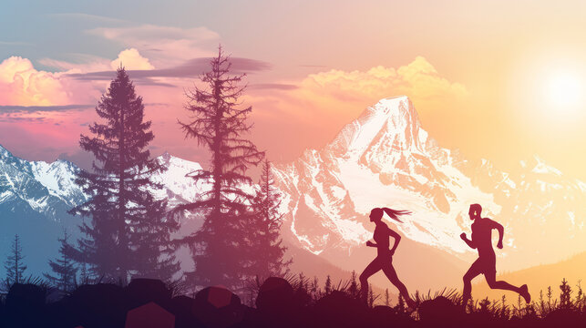 Running fit athletes people trail running with mountain summit background. Man and woman silhouetteon run training outdoors active fit lifestyle.