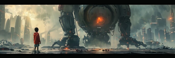 A Child Stands in Front of a Huge Humanoid Robot, Cyberpunk City, Futuristic Landscape