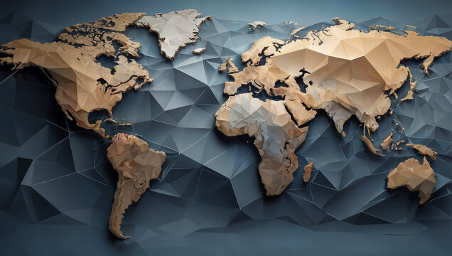 Fototapeta Low poly three dimensional bass relief world map