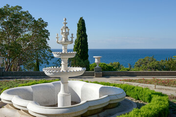 Coastal place with cascading marble fountain near Vorontsov Palace, Crimea.