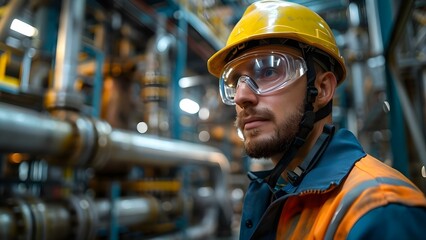 Engineer in safety gear inspecting equipment at oil refinery facility with pipes. Concept Industrial Safety, Oil Refinery, Equipment Inspection, Engineer in Safety Gear, Pipes in Background - obrazy, fototapety, plakaty