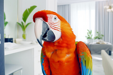 Beautiful macaw parrot in the interior of the room
