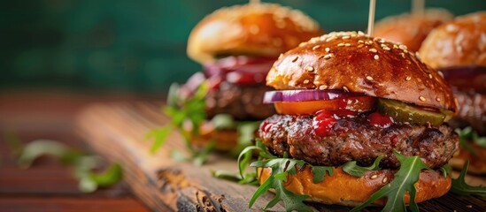Close-up photo of homemade burgers on a wooden surface.