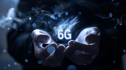 Holographic 6g text icon over mobile phone, futuristic concept with interactive display in hands 