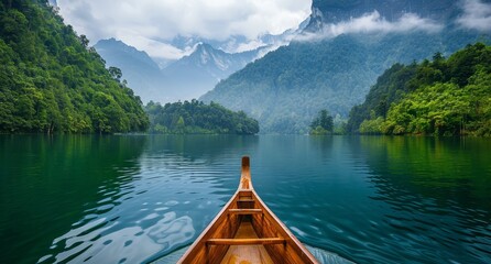   A wooden boat floats on a lake, near a lush green forest A forest-covered mountain, with clouds, looms in the background