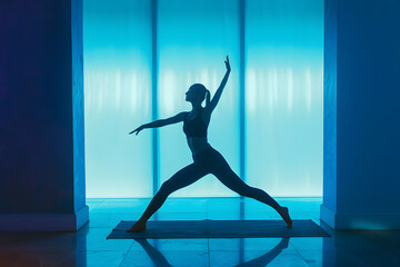 A yoga instructor in a dynamic pose, the room bathed in a peaceful azure background, emphasizing balance and wellness