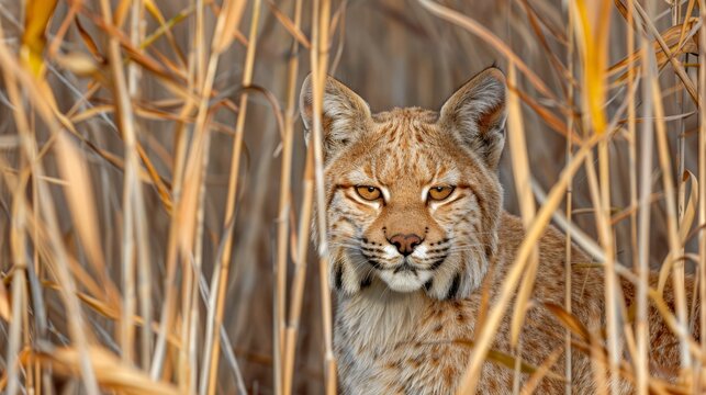   A feline face gazes intently from a sea of tall grass in this close-up image