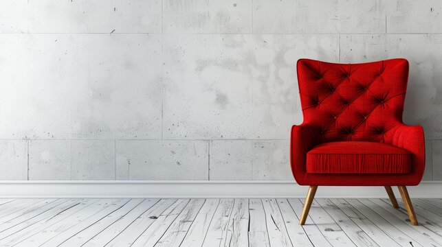   A red chair sits atop a wooden floor, beside a pristine white wall Behind it lies a brick wall