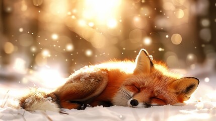   A tight shot of a fox in the snow, head turned to the side, eyes shut - obrazy, fototapety, plakaty