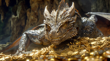 A majestic dragon guards an ancient treasure hoard