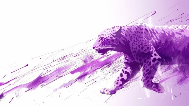   A cheetah painting against a purple and white backdrop, adorned with splattered paint