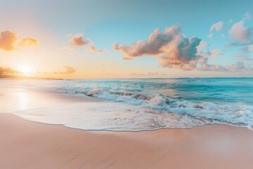   The sun sets over the blue-white ocean, waves crash on the beach