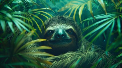 Obraz premium A tight shot of a sloth in a tree, surrounded by numerous leaves in the foreground, and another sloth in the background