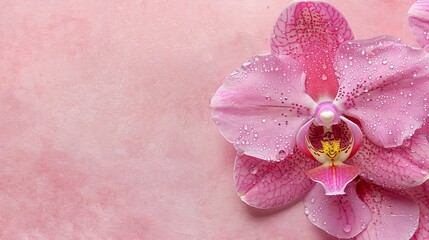   A pink flower with dewdrops and a pink background wall ..Or, if you prefer to keep the original phrasing but optimize the sentence structure - obrazy, fototapety, plakaty