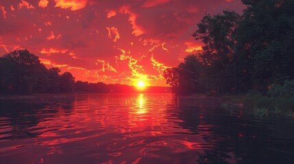   A tranquil scene featuring a vast expanse of water, dotted with trees lining its shores, and a glowing sunset gradually sinking into the water's heart