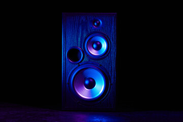 Sound speaker in neon light. Modern hi-fi loudspeaker against black background. Sound audio...