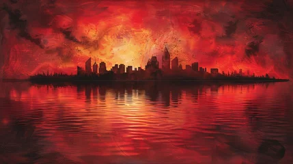 Deurstickers  City on fire over water Red sky, fiery clouds background © Jevjenijs