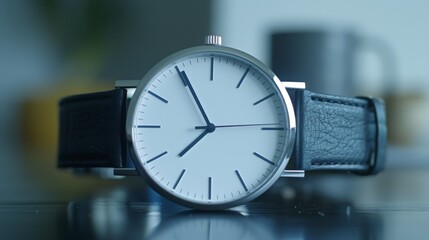   A close-up of a wristwatch on a table with a cup of coffee in the background