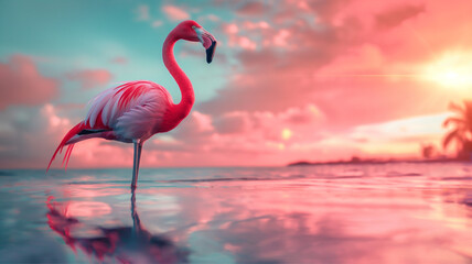 Flamingo Stand in The Water With Beautiful background Nature 4K Wallpaper - obrazy, fototapety, plakaty