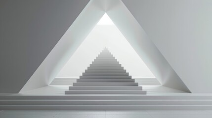 Slim triangular podium in a stark white room, abstract and artistic for unique items.