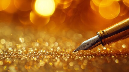   A tight shot of a fountain pen inscribing on a golden backdrop, embellished by foreground lights in bokeh - obrazy, fototapety, plakaty