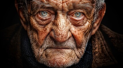   A tight shot of an elderly man's face, displaying intricate wrinkles across the upper half