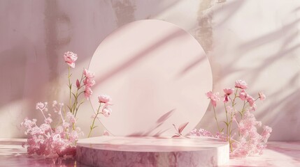 Soft pink podium in a minimalist dreamy setting, romantic and gentle for bridal products.