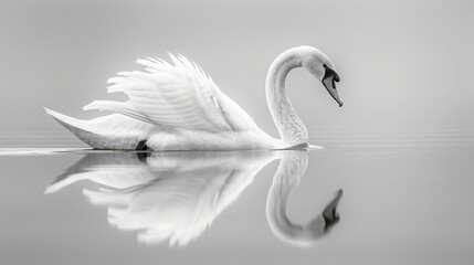   A black-and-white image of a swan in the water, wings spread out, mirrored in reflection