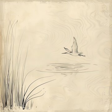   A black-and-white drawing of a bird in flight above a waterbody, with reeds in the foreground