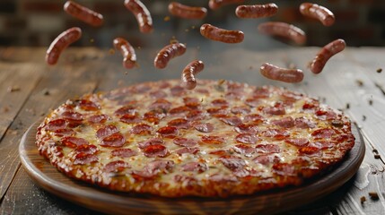   A pizza rests atop a wooden table, beside a bunch of hot dogs, none of which are in flight - obrazy, fototapety, plakaty