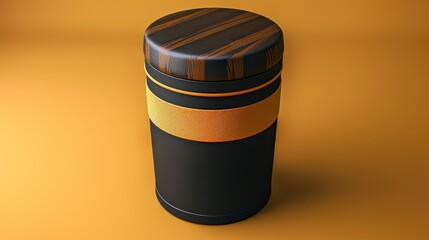   A tight shot of a black-and-yellow container against a yellow backdrop, featuring an orange border encircling the top