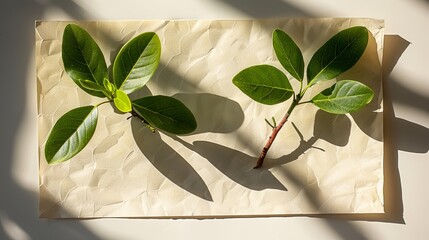   A few green leaves atop a paper, casting a plant shadow beneath