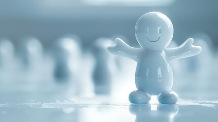   A small, white figurine stands before a crowd in a photograph, its background softly blurred, hues of blue and white prevailing - obrazy, fototapety, plakaty
