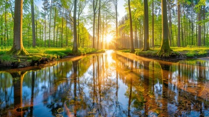   The sun shines over a small river bordered by trees on each side