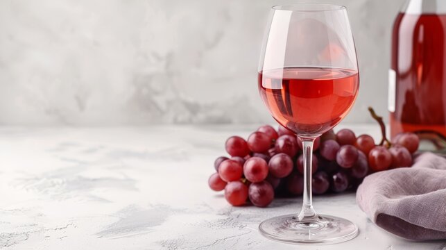   A glass of red wine, a bottle, and a cluster of grapes on a pristine white tablecloth