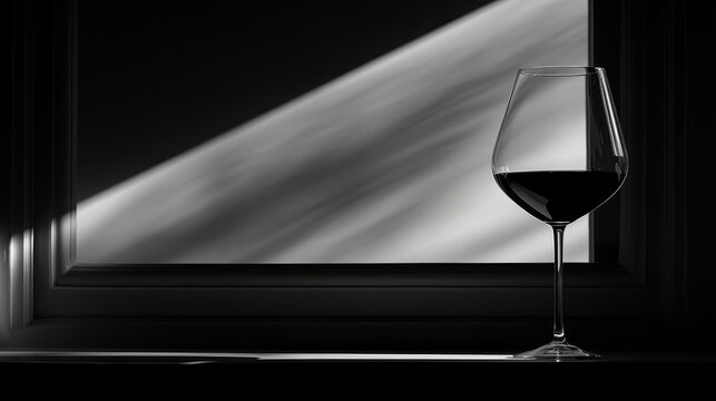   A monochrome image of a wineglass on a windowsill, casting a shadow against the wall