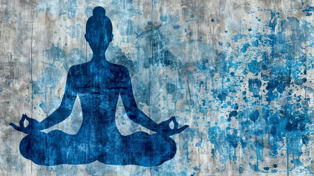   A person's silhouette in a yoga pose against a grungy backdrop, adorned with blue paint splatters