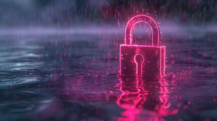   A padlock floating in the midst of a tranquil body of water, surrounded by droplets In its center, a distinctive pink padlock