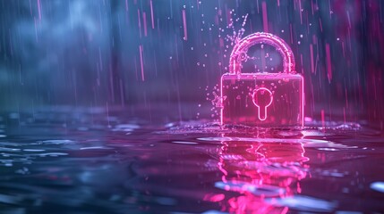   A padlock hovers above tranquil water, its center glowing pink with a gentle light - obrazy, fototapety, plakaty