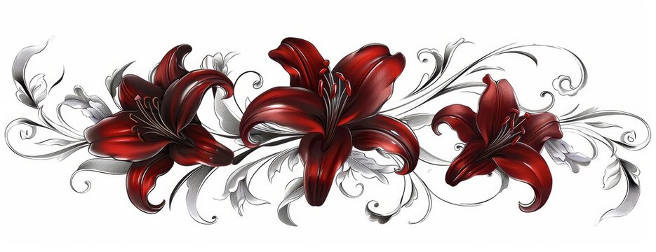   A drawing of three red flowers against a white background, each adorned with white and silver swirls